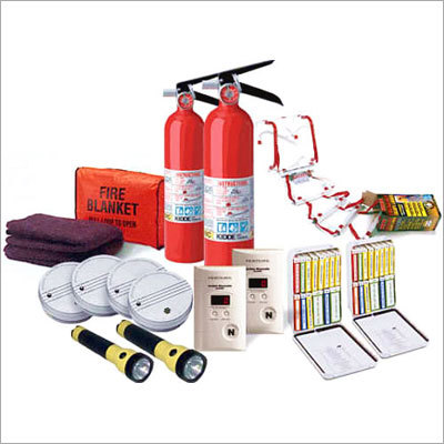 Assortment of home safety equipment: extinguishers, smoke detectors, flashlights